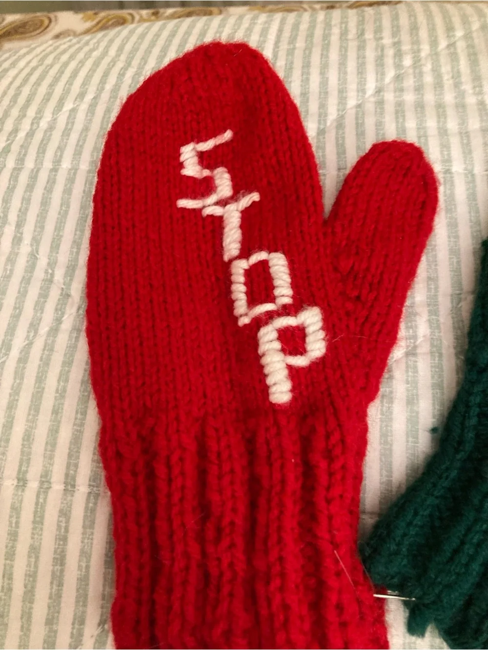 Vintage Children's Safety Mittens Hand-knitted Vibrant Red/Green